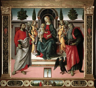 Neitsyt lapsen kanssa pyhän Johanneksen ja pyhän Bartolomeuksen kanssa Santo Spiriton mestarin maalaus (1400-luku) Firenze, Santo Spiriton kirkko, Italia tekijältä Master of Santo Spirito