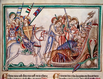 Herra ja Hänen Armee (ost) saastuttaa Beten ja Hänen palvojansa helvetissä. Minature käsikirjoituksesta “” Apocalypse historiee”, Folio 38. 1250. Sarumin mestarin valaistus. Pariisi, NL tekijältä Master of Sarum
