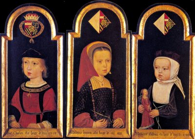 Arkkiherttua Kaarle, myöhempi Pyhän Rooman keisari Kaarle V. sisarustensa Eleanorin ja Isabellan kanssa 2-vuotiaana, 1502 tekijältä Master of St.Georgsgilde