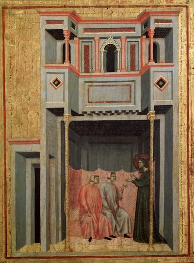 Pyhän Cecilian elämän kiertokulku. Yksityiskohta: Cecilia ja Valerianus muuttavat Tiburtiusta - alttaritaulu, n. 1290-1320 tekijältä Master of St. Cecilia