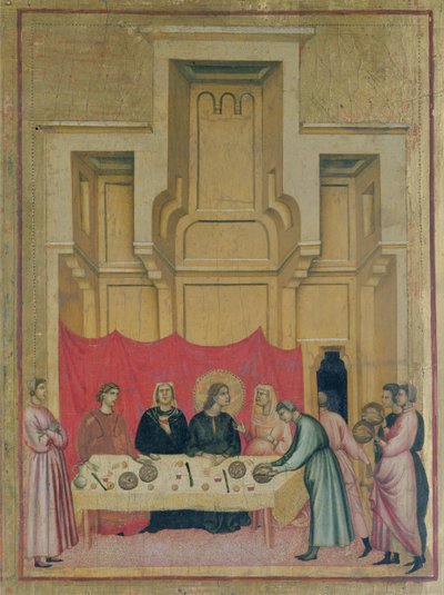 Pyhä Cecilia ja kohtauksia hänen elämästään; yksityiskohta vasemmasta ylälaidasta, jossa Pyhä Cecilia syö pöydän ääressä, n.1300 yksityiskohta 50346:sta tekijältä Master of St. Cecilia