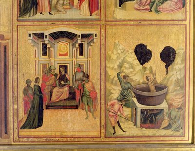 Pyhä Cecilia ja kohtauksia hänen elämästään: kaksi kohtausta, joissa Pyhä Cecilia tuodaan prefektin eteen vasemmalla ja Pyhän Cecilian marttyyrius oikealla, noin 1300, yksityiskohta kuvasta 50346. tekijältä Master of St. Cecilia