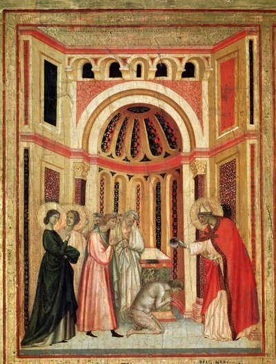 Pyhä Cecilia ja tarina hänen elämästään Yksityiskohta: Piispa Urban kastaa Tiburtiuksen, Valerianuksen veljen - alttaritaulu, n. 1290-1320 tekijältä Master of St. Cecilia