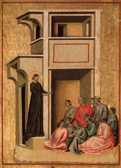 Pyhä Cecilia ja tarina hänen elämästään Yksityiskohta: Pyhä Cecilia kääntymässä sotilaita - alttaritaulu, n. 1290-1320 tekijältä Master of St. Cecilia