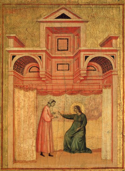 Pyhä Cecilia ja tarina hänen elämästään Yksityiskohta: Pyhä Cecilia suostuttelee miehensä Valerianuksen kastamaan - alttaritaulu, n. 1290-1320 tekijältä Master of St. Cecilia