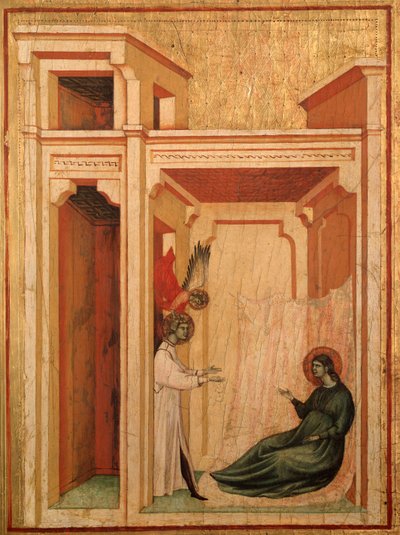 Pyhä Cecilia ja tarina hänen elämästään Yksityiskohta: Enkeli tuo kukkia Valerianukselle - alttaritaulu, n. 1290-1320 tekijältä Master of St. Cecilia