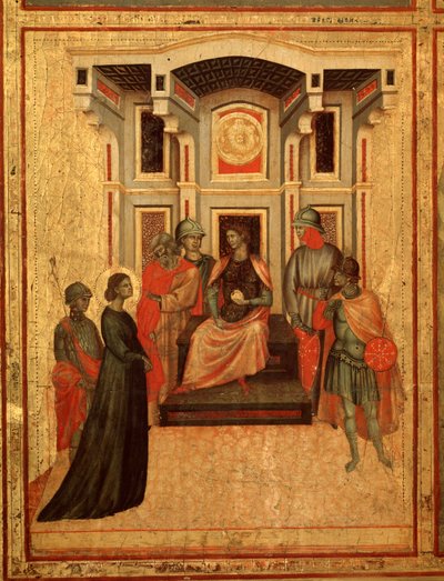 Pyhä Cecilia ja tarina hänen elämästään Yksityiskohta: St Cecilia riitelee prefektin kanssa - alttaritaulu, n. 1290-1320 tekijältä Master of St. Cecilia