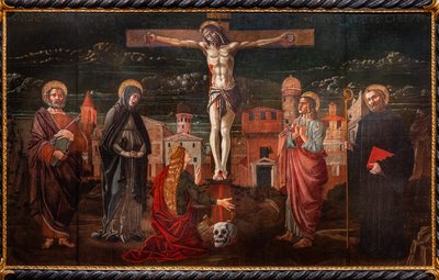 Ristiinnaulittu Kristus Pyhän Pietarin, Neitsyt, Maria Magdaleenan, Pyhän apostoli Johannes ja Pyhän Benedictuksen keskuudessa tekijältä Master of St. Peter in Vicenza