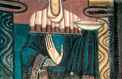 Neitsyt. Yksityiskohta. Fresko Saint Clement de Taullin mestarista. 1123 noin Pyhän Clement de Taullin kirkon apsista (Sant Climent in Taull). Katalonian kansallinen taidemuseo, Barcelona. tekijältä Master of Tahull