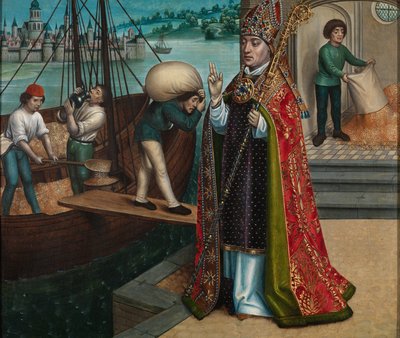Viljan ihme, Pyhän Nikolauksen alttaritaulusta, n. 1486-1493 (öljy paneelille) tekijältä Master of The Legend of St. Lucy