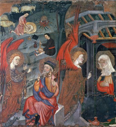 Ilmestys paimenten kanssa, jotka tekevät juustoa taustalla, Neitsyelle omistetulta alttaritaululta, Torasta, Segarrasta, Lleidasta (tempera paneelissa) tekijältä Master of Tora