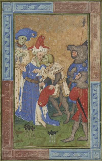 Salamurhakohtaus Ms B.11.7, n. 1420 (tempera, hopea- ja kultamaali pergamentille) tekijältä Master of Trinity College