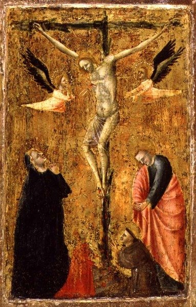 PD.8-1955 Ristiinnaulitseminen Neitsyen ja SS:n kanssa. Evankelista Johannes, Franciscus Assisilainen ja Maria Magdaleena, n. 1345 (tempera taulussa) tekijältä Master of Verrucchio