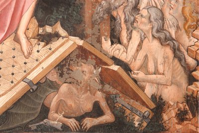 "Resurrection" ja "Descent into Limbo", Yksityiskohta "Descent into Limbo": Helvetin portit ja Paholaisen hahmo maassa, n. 1420 (fresko) tekijältä Master of Vignola