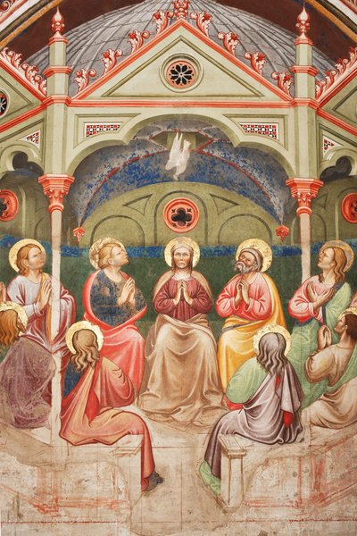 "Helluntai", Yksityiskohta rukoilevista pyhimyksistä ja Neitsyt Mariasta ja kyyhkysestä, n. 1420 (fresko) tekijältä Master of Vignola