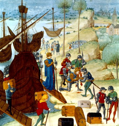 Kuningas Edward III saapuu Saint Vaast La Hogueen 12. heinäkuuta 1346, kuva Chroniques dAngleterre -julkaisusta. tekijältä Master of Wavrin
