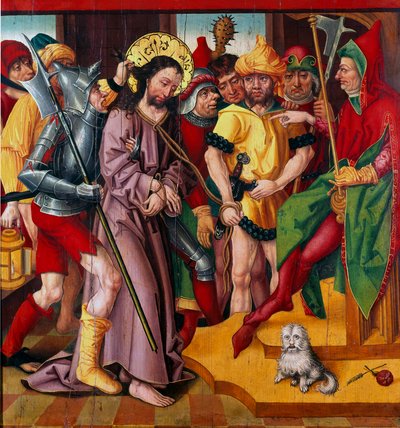 Jeesus Herodes Antipaksen edessä Badenin neilikan mestarin kärsimyksen alttaritaulu (1400-luku) Dijon, Kuvataidemuseo tekijältä Master of the Baden Carnation