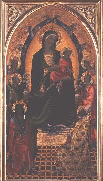 Madonna ja lapsi Pyhän Johannes Kastajan ja Pyhän Nikolauksen Myran kanssa (tempera paneelissa) tekijältä Master of the Bambino Vispo