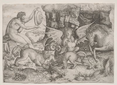 Allegorinen teema: Eläinten taistelu, c. 1515-1520. tekijältä Master of the Beheading of St.