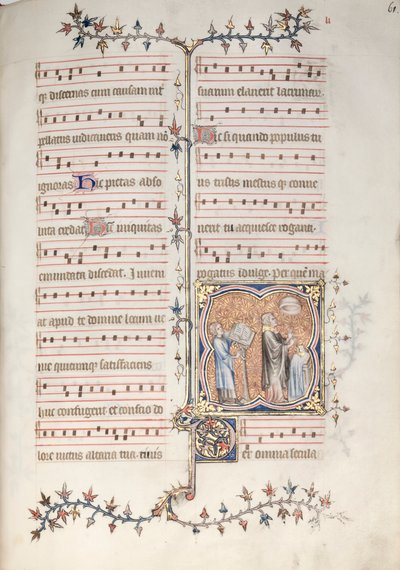 Gothan messali: Fol. 61r, Pappi laulaa virkaa, n. 1375. tekijältä Master of the Boqueteaux