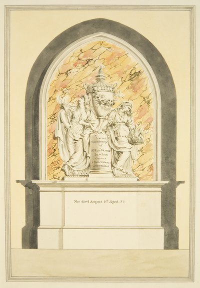 Vuonna 1835 kuolleen rouva Elizabeth Draperin hauta Bristolin katedraalissa (akvarelli paperille) tekijältä Master of the Bristol Church Monuments