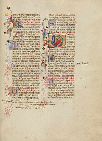 Alkukirjain I: Pyhä Valentinus; alkukirjain S: Pyhä Pietari. tekijältä Master of the Brussels Initials