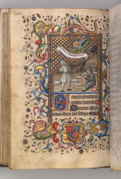 Kaarle Aatelisen, Navarran kuninkaan tunnit 1361-1425: Ilmoitus paimenille...verso, c1 tekijältä Master of the Brussels Initials and Associates