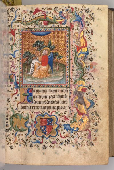 Kaarle Aatelisen, Navarran kuninkaan tunnit 1361-1425: fol.1r, evankelista Pyhä Johannes, n. 1405. tekijältä Master of the Brussels Initials and Associates
