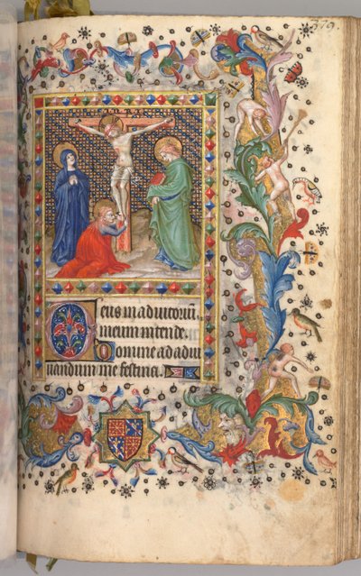 Kaarle Aatelisen, Navarran kuninkaan tunnit 1361-1425: fol. 185r, Ristiinnaulitseminen, n. 1405. tekijältä Master of the Brussels Initials and Associates