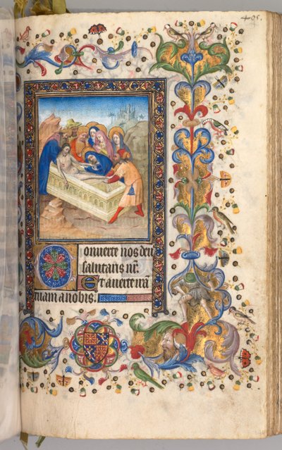 Kaarle Aatelisen, Navarran kuninkaan tunnit 1361-1425: fol. 197r, Kristuksen hautaus, n. 1405. tekijältä Master of the Brussels Initials and Associates