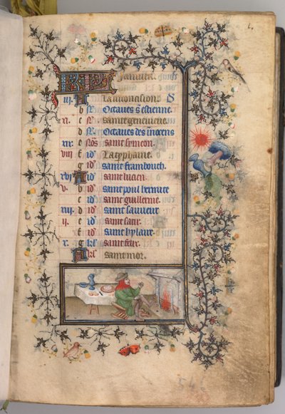 Kaarle Aatelisen, Navarran kuninkaan tunnit 1361-1425: fol. 1r, tammikuu, c. 1405. tekijältä Master of the Brussels Initials and Associates
