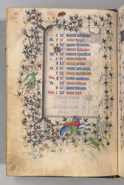 Kaarle Aatelisen, Navarran kuninkaan tunnit 1361-1425: fol. 2v, helmikuu, c. 1405. tekijältä Master of the Brussels Initials and Associates