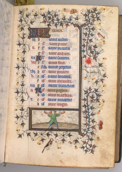 Kaarle Aatelisen, Navarran kuninkaan tunnit 1361-1425: fol. 3r, maaliskuu, c. 1405. tekijältä Master of the Brussels Initials and Associates