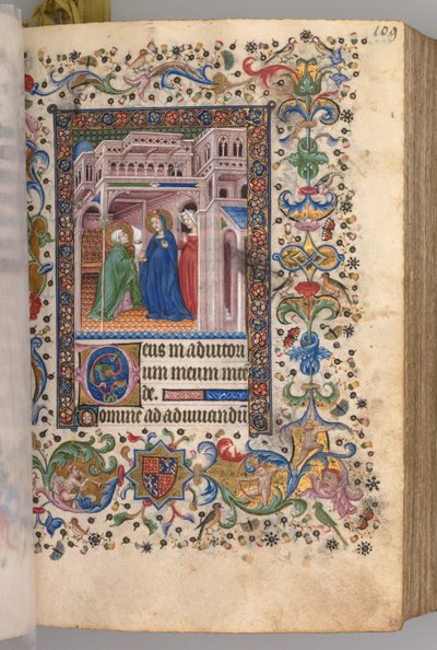 Kaarle Aatelisen, Navarran kuninkaan tunnit 1361-1425: fol. 55r, The Visitation Lauds, c. 1405. tekijältä Master of the Brussels Initials and Associates