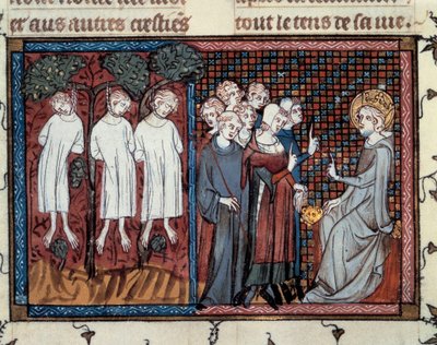Enguerrand IV de Coucyn määräämät teloitukset. Ludvig IX tekee oikeutta. Mahietin miniatyyri teoksessa "" Saint Louisin elämä ja ihmeet"", Guillaume De Saint Pathusin käsikirjoitus tekijältä Master of the Cambrai Missal Mahiet