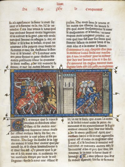 Kuninkaallinen 16 G. VI f.385 Taistelu Englannin kuninkaan Johanneksen ja Louis VIII:n kanssa marssilla, teoksesta "Les Grandes chroniques de France", n. 1332-1350 (muste, väri ja kulta velumilla) tekijältä Master of the Cambrai Missal Mahiet