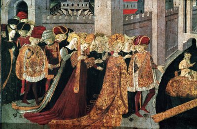 Decameron de Boccaccio (Jean Boccaccio): Chatelain Pericone toivottaa tervetulleeksi Alatielin, Babylonin sulttaanin Beminedabin tyttären ja hänen sviittinsä Mallorcan saarella (Pericone da Visalgo toivottaa tervetulleeksi Babylonin sulttaanin Beminedabin  tekijältä Master of the Cassoni