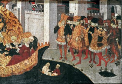 Decameron de Boccaccio (Jean Boccaccio): Chatelain Pericone toivottaa tervetulleeksi Alatielin, Babylonin sulttaanin Beminedabin tyttären ja hänen sviittinsä Mallorcan saarella (Pericone da Visalgo toivottaa tervetulleeksi Babylonin sulttaanin Beminedabin  tekijältä Master of the Cassoni