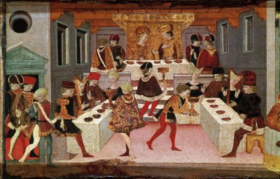 Decameron de Boccaccio (Jean Boccaccio): Chatelain Periconen järjestämä juhlatilaisuus toivottaa tervetulleeksi Alatielin, Babylonin sulttaanin Beminedabin tyttären ja tämän sviitin Mallorcan saarella (Pericone da Visalgon isännöimä juhlatilaisuus Alatieli tekijältä Master of the Cassoni