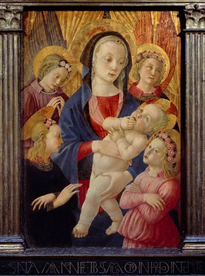 Neitsyt ja lapsi neljän enkelin ympäröimänä. Maalaus Castellon syntymän mestarista Ec. Ital. tekijältä Master of the Castello Nativity