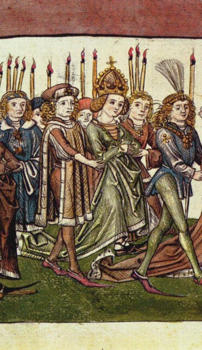 Luxemburgin kuningatar Elisabet. Yksityiskohta Richentalin kuvitetusta kronikasta, n. 1440 tekijältä Master of the Chronicle of the