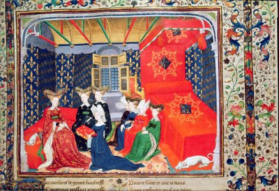Harl 4431 fol.3 Christine de Pisan esittelemässä kirjaansa Baijerin kuningatar Isabellalle, Christine de Pisanin runoista, n. 1410-1415 (vellum) tekijältä Master of the Cité des Dames