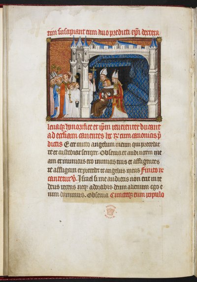 Cotton Tiberius B.VIII f.44v Reimsin piispat ja Beauvais nostamassa kuningasta talamuksesta, "Ranskan kuninkaan Kaarle V:n kruunauskirjasta" tekijältä Master of the Coronation Book of Charles V