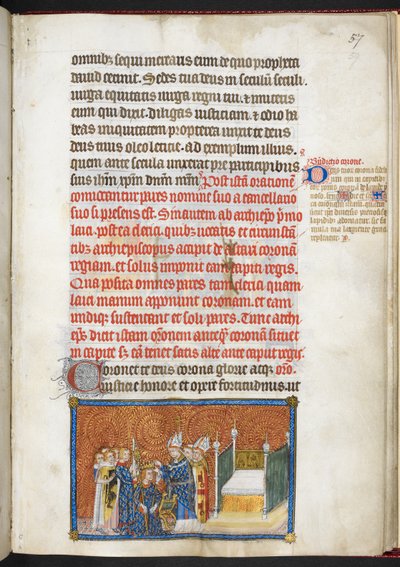 Puuvilla Tiberius B.VIII f.59 Reimsin arkkipiispa asettamassa kruunun kuninkaan päähän, "Ranskan kuninkaan Kaarle V:n kruunauskirjasta" tekijältä Master of the Coronation Book of Charles V