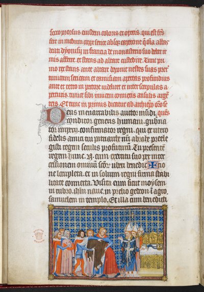Puuvilla Tiberius B. VIII f.47v Kuningas riisumassa päällysvaatteitaan, kuvitus "Ranskan kuninkaan Kaarle V:n kruunauskirjasta" tekijältä Master of the Coronation Book of Charles V