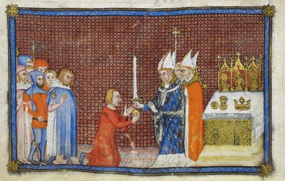 Puuvilla Tiberius B. VIII f.49v Reimsin arkkipiispa palauttaa miekan kuninkaalle, kuvitus 