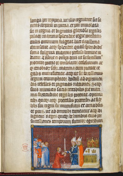 Puuvilla Tiberius B. VIII f.49v Reimsin arkkipiispa palauttaa miekan kuninkaalle, kuvitus 