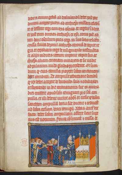 Puuvilla Tiberius B. VIII f.65v Kuningas Kaarle V polvistumassa, kun Rheimsin arkkipiispa laittaa ehtoollisleivän suuhunsa, esimerkki 