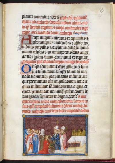 Puuvilla Tiberius B. VIII f.69r Kuningatar vastaanottamassa valtikka ja neitsyt, 