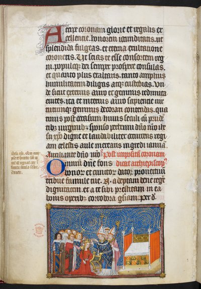 Puuvilla Tiberius B. VIII f.69v Reimsin arkkipiispa asettaa kruunun kuningattaren päähän ja paronit pitävät hänen kruunuaan, kuvitus "Ranskan kuninkaan Kaarle V:n kruunauskirjasta" tekijältä Master of the Coronation Book of Charles V